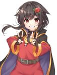  1girl belt black_gloves brown_hair cape double_v fingerless_gloves flower gloves grin hair_flower hair_ornament highres kono_subarashii_sekai_ni_shukufuku_wo! long_hair long_sleeves looking_at_viewer megumin red_eyes smile v wa_ki_ya_ku 