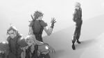  5boys angeal_hewley armor bangs belt black_jacket buster_sword chest_strap closed_eyes cloud_strife crisis_core_final_fantasy_vii final_fantasy final_fantasy_vii full_body genesis_rhapsodos gloves greyscale highres jacket knee_pads long_hair looking_at_another looking_back male_focus medium_hair monochrome multiple_belts multiple_boys open_mouth parted_bangs scarf sephiroth shio_ga short_hair shoulder_armor sleeveless sleeveless_turtleneck sleeves_rolled_up smile spiked_hair standing suspenders toned toned_male turtleneck upper_body walking weapon weapon_on_back zack_fair 