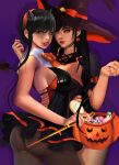  bite_mark blood blood_from_mouth earrings final_fantasy final_fantasy_vii final_fantasy_vii_remake fishnet_pantyhose fishnets food halloween halloween_bucket hat highres horns jewelry kittymiya looking_at_viewer pantyhose pumpkin spy_x_family sweets tail tifa_lockhart witch witch_hat yor_briar 