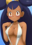  1girl bangs bare_arms bare_shoulders blue_hair blush breasts brown_hair cleavage closed_mouth collarbone commentary covered_nipples dark-skinned_female dark_skin embarrassed halterneck hand_up highres iris_(pokemon) light_smile long_hair looking_at_viewer medium_breasts paid_reward_available pokemon pokemon_(game) pokemon_bw2 shiny shiny_hair shiny_skin short_twintails simple_background slingshot_swimsuit smile swimsuit twintails upper_body zel-sama 