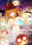  1boy 1girl absurdres bat_(animal) blush breasts church completely_nude halloween hat highres hotohori_rushia lamp lamppost looking_at_viewer moon navel nude onsen original pubic_hair smile tattoo twintails witch witch_hat 