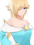  1girl aqua_dress bangs bare_shoulders blonde_hair blue_eyes blush breasts cleavage closed_mouth collarbone commentary_request dress eyelashes frilled_sleeves frills gem glint hair_over_one_eye hand_on_hip highres large_breasts long_hair long_sleeves looking_at_viewer mario_(series) off-shoulder_dress off_shoulder one_eye_covered parted_bangs rosalina shiny shiny_hair sidelocks simple_background smile solo star_(symbol) super_mario_galaxy swept_bangs tomatomiya upper_body white_background yellow_gemstone 
