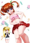  2girls belly black_shirt blonde_hair blue_eyes blush breasts brown_hair camisole clenched_hands collarbone commentary_request fate_testarossa green_ribbon hair_ribbon highres long_hair looking_at_another lyrical_nanoha misril multiple_girls navel panties pink_camisole pink_panties pleated_skirt plump red_eyes red_skirt ribbon shirt short_sleeves shorts sidelocks skirt small_breasts spaghetti_strap standing takamachi_nanoha tearing_up thighs twintails undersized_clothes underwear upper_body upshirt very_long_hair white_background white_shorts 
