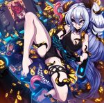  1girl bangs bare_arms bare_legs bare_shoulders barefoot black_nails black_sclera black_shirt blue_eyes breasts can cleavage collarbone colored_sclera colored_skin controller couch demon_girl extra_eyes glowing grey_hair highres holding holding_controller horns knee_up long_hair long_tongue meruccubus_(merunyaa) merunyaa monitor monster nail_polish original red_skin sharp_teeth shiny shiny_hair shirt teeth tentacles tongue tongue_out very_long_hair white_hair 