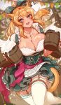  1girl :d alcohol animal_ears avatar_(ff14) beer beer_mug blonde_hair blush bow breasts buttons cat_ears cat_girl cat_tail cleavage collarbone cup day dirndl double-breasted dress final_fantasy final_fantasy_xiv frills german_clothes green_bow hair_bow highres holding holding_cup jewelry kaiyoko_star large_breasts long_hair looking_at_viewer merunyaa miqo&#039;te mole mole_under_eye mug necklace open_mouth outdoors smile solo tail thighhighs white_thighhighs 