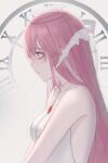  1girl absurdres bangs bare_shoulders bell_(pixiv12536604) breasts clock commentary from_side gem halo highres looking_ahead medium_breasts original parted_lips pink_eyes pink_hair red_gemstone ribbon shirt sleeveless sleeveless_shirt solo upper_body white_ribbon white_shirt 