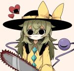  :3 black_eyes black_headwear blood blood_on_weapon blood_stain blush buttons chainsaw diamond_(shape) diamond_button empty_eyes green_hair hat heart highres holding holding_chainsaw holding_weapon komeiji_koishi long_sleeves ribbon ribbon-trimmed_clothes ribbon_trim shirt simple_background smile third_eye touhou weapon yellow_ribbon yellow_shirt zunusama 