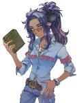  1girl akamtvahosi book character_hair_ornament collared_shirt cowboy_shot dark-skinned_female dark_skin fringe_trim glasses grey_eyes grey_hair hair_intakes hair_ornament highres holding holding_book jewelry long_hair messy_hair necklace pokemon pokemon_(game) pokemon_sv ponytail raifort_(pokemon) semi-rimless_eyewear shirt simple_background smile solo under-rim_eyewear white_background 