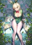  1girl animal_ears bangs blonde_hair bodysuit bow bowtie breasts checkered_floor falling_leaves feet_out_of_frame foliage from_above green_bodysuit green_eyes green_leotard hair_between_eyes hair_ornament ivy knees_together_feet_apart large_breasts leaf legs leotard long_hair long_legs looking_at_viewer marble_floor nakanishi_tatsuya pantyhose plant playboy_bunny rabbit_ears red_bow see-through see-through_legwear shade showgirl_skirt sitting solo thighs tile_floor tiles tree_shade very_long_hair vines 