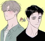  2boys black_hair black_shirt blush brown_eyes brown_hair building doh_woo-won food green_shirt kang_seo-an korean_commentary multiple_boys myncsketch pizza shirt smile the_pizza_delivery_man_and_the_gold_palace white_shirt yaoi yellow_background yellow_eyes 