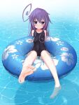  1girl acchi_kocchi ahoge arms_behind_back bangs barefoot black_one-piece_swimsuit blush breasts collarbone commission feet floral_print foot_up foreshortening full_body hair_between_eyes highres innertube legs long_hair looking_at_viewer miniwa_tsumiki one-piece_swimsuit purple_eyes purple_hair school_swimsuit shadow shiny shiny_skin sidelocks skeb_commission small_breasts soles solo swimsuit tachakan toenails toes water 
