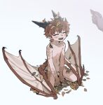  1boy autumn_leaves bangs bishounen brown_hair closed_eyes disembodied_limb dragon_boy dragon_horns fangs holding holding_leaf horns kneeling leaf male_focus monster_boy mullmull02 navel open_mouth original pointy_ears scales short_hair simple_background smile solo topless_male white_background wings 