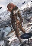  1girl armor armored_gloves bird bird_wings blood blood_on_weapon broken broken_sword broken_weapon corpse crow feathered_wings feathers frozen highres holding holding_sword holding_weapon long_hair looking_back red_hair snow sword the_elder_scrolls weapon wings 