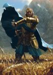  1girl akreon blonde_hair drawing_sword european_clothes highres holding holding_sword holding_weapon looking_ahead meve_(witcher) mountainous_horizon official_art standing sword the_witcher_(series) thronebreaker:the_witcher_tales weapon wheat wheat_field 
