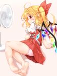  1girl ahoge arm_support barefoot blonde_hair blush closed_mouth crystal electric_fan fang fang_out flandre_scarlet frilled_sleeves frills from_side full_body highres long_hair looking_at_object lying marukyuu_ameya multicolored_wings no_headwear no_shoes no_socks on_side panties pantyshot pink_background pink_panties pointy_ears puffy_short_sleeves puffy_sleeves red_eyes red_skirt red_vest shirt short_sleeves simple_background skin_fang skirt soles solo touhou underwear vest white_shirt wings 
