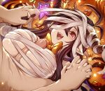  1boy 1girl :d bandages bow bowtie breasts danua fangs granblue_fantasy heart hetero holding_hands horn_ornament horns interlocked_fingers large_breasts long_hair merunyaa paizuri penis pointy_ears pov skindentation smile star_(symbol) straddling straddling_paizuri teeth uncensored upper_teeth 