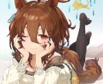  1girl agnes_tachyon_(umamusume) animal_ears bell blush breasts brown_hair brown_pantyhose closed_mouth feet feet_up full_body grey_nails grey_shirt hair_between_eyes hair_ornament head_rest horse_ears horse_girl horse_tail lace_trim looking_at_viewer lying medium_hair no_shoes off_shoulder on_stomach one_eye_closed pantyhose red_eyes shiny shiny_hair shirt sidelocks smile solo spread_toes tail the_pose toes umamusume yanyo_(ogino_atsuki) 