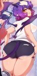  2girls ass blue_buruma blush breasts buruma cellphone demon_girl demon_tail demon_wings from_behind gwyn_(sait0moriyama) gym_shirt gym_uniform highres indoors looking_at_viewer looking_back medium_breasts merunyaa multiple_girls original phone purple_hair shiny shiny_hair shiny_skin shirt short_hair smile solo_focus standing tail vena_(sait0moriyama) wings yellow_eyes 