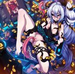  1girl bangs bare_arms bare_legs bare_shoulders barefoot black_nails black_sclera black_shirt blue_eyes breasts can cleavage collarbone colored_sclera colored_skin controller couch cunnilingus demon_girl extra_eyes glowing grey_hair heart highres holding holding_controller horns knee_up long_hair long_tongue meruccubus_(merunyaa) merunyaa monitor monster nail_polish oral original pussy red_skin sharp_teeth shiny shiny_hair shirt teeth tentacles tongue tongue_out very_long_hair white_hair 