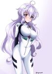  1girl ahoge arms_behind_back bodysuit breasts closed_mouth grey_bodysuit grey_hair hair_between_eyes headgear highres kyomeihibiki large_breasts long_hair purple_eyes purple_hair senki_zesshou_symphogear senki_zesshou_symphogear_xd_unlimited yukine_chris_(another) 