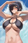  1girl absurdres bare_shoulders bikini bikini_pull bikini_top_only black_hair blue_eyes blush breasts chainsaw_man cleavage clothes_pull covered_nipples cozyu eyepatch highres himeno_(chainsaw_man) large_breasts navel outdoors short_hair sky smile solo swimsuit upper_body 
