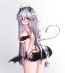  1girl ass black_shorts black_tube_top blue_eyes blush breasts demon_horns demon_tail demon_wings english_commentary grey_hair highres horns large_breasts long_hair looking_at_viewer looking_back low_wings s7nsles short_shorts shorts sideboob strapless tail tube_top vei_(vtuber) virtual_youtuber vshojo wings 