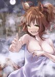 absurdres animal_ears aston_machan_(umamusume) blush breasts cleavage commentary_request covering crown fence green_eyes highres horse_ears horse_girl horse_tail kokage_yugure large_breasts looking_at_viewer onsen sweat tail towel umamusume wet 