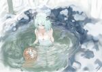  1girl animal_ears bangs bare_shoulders blue_archive breasts bucket choko_(cup) cleavage cup green_hair halo hand_up highres holding holding_cup medium_breasts naked_towel onsen open_mouth partially_submerged shigure_(blue_archive) short_hair sitting smile snow so-dar solo tokkuri towel towel_on_head tree water wooden_bucket 