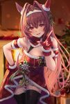  1girl animal_ears bangs black_thighhighs blurry blurry_background blush bow box breasts brown_hair christmas_tree cleavage daiwa_scarlet_(scarlet_nuit_etoile)_(umamusume) daiwa_scarlet_(umamusume) detached_sleeves dress ear_covers finger_gun fur-trimmed_dress fur-trimmed_sleeves fur_trim gift gift_box gloves hair_between_eyes hair_intakes hair_ornament hand_on_hip hand_up highres horse_ears horse_girl illuminate_the_heart_(umamusume) index_finger_raised indoors large_breasts leaning_forward long_hair looking_at_viewer official_alternate_costume open_mouth plaid plaid_dress plaid_sleeves primamiya red_dress red_eyes red_gloves red_sleeves short_sleeves sidelocks skirt smile solo striped striped_bow thigh_gap thighhighs tiara umamusume very_long_hair 