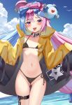  1girl bangs bikini black_bikini blue_hair blush character_hair_ornament cloud collarbone commentary_request day hair_ornament highres iono_(pokemon) jacket multicolored_hair open_clothes open_jacket open_mouth outdoors pink_hair pokemon pokemon_(game) pokemon_sv purple_eyes pussy_juice raised_eyebrows sakutaishi sharp_teeth sky sleeves_past_fingers sleeves_past_wrists solo star_(symbol) star_print swimsuit teeth thigh_strap tongue tongue_out two-tone_hair upper_teeth yellow_jacket 