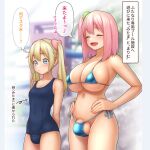  2girls arms_behind_back bikini blonde_hair blue_bikini blue_eyes blue_one-piece_swimsuit blurry blurry_background breasts bulge closed_eyes closed_mouth daisy_mitsumata futanari hands_on_hips large_breasts large_testicles long_hair medium_hair multiple_girls navel open_mouth original penis penis_peek pink_hair side-tie_bikini_bottom smile speech_bubble swimsuit testicle_peek testicles thought_bubble translation_request twintails 