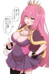  1girl black_thighhighs breasts capelet cleavage corset cowboy_shot dress fang garter_straps highres large_breasts long_hair oda_nobunaga_(sengoku_collection) pink_corset pink_hair pregnant purple_dress sengoku_collection short_dress simple_background solo speech_bubble sumiyao_(amam) thighhighs translation_request very_long_hair white_background yellow_eyes 