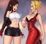  2girls black_skirt blonde_hair blue_eyes breasts brown_hair catfight clenched_hand commentary cowboy_shot crop_top dangle_earrings dress earrings emphasis_lines english_commentary eyeshadow final_fantasy final_fantasy_vii final_fantasy_vii_remake fingerless_gloves fingernails gloves hair_up highres jewelry large_breasts long_hair loodncrood looking_down makeup midriff miniskirt multiple_girls navel necklace one_eye_closed open_mouth pink_eyeshadow red_dress red_gloves red_lips red_nails scarlet_(ff7) skirt slapping speed_lines stomach tank_top teeth tifa_lockhart tight tight_dress upper_teeth white_tank_top wince 