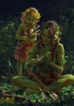  akreon arrow_(projectile) bow_(weapon) colored_skin crossed_legs dryad fantasy foliage green_skin gwent_(game) head_wreath highres leaf long_hair sitting the_witcher_(series) watermark weapon 