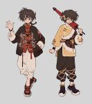  2boys alternate_costume black_hair closed_mouth fang grey_background hibiki_ryouga highres multiple_boys open_mouth pants ranma_1/2 salute saotome_ranma simple_background siyer_(siyeyeyeyer) white_pants 