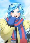  1boy :d absurdres blue_hair blue_mittens commentary_request day green_eyes grusha_(pokemon) hand_up highres jacket ka_ei_volltis long_hair long_sleeves male_focus open_mouth outdoors pokemon pokemon_(game) pokemon_sv pulled_by_self scarf scarf_pull smile solo striped striped_scarf teeth tongue upper_body yellow_jacket 