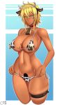  1girl absurdres animal_ears animal_print bell bikini bleach blonde_hair blush breasts castell closed_mouth collarbone cow_ears cow_horns cow_print cowbell fake_animal_ears fake_horns green_eyes highres horns large_breasts looking_at_viewer micro_bikini navel neck_bell shiny shiny_hair short_hair side-tie_bikini_bottom skindentation solo swimsuit tier_harribel 