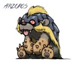  animal_focus arzuros blacknirrow character_name chibi claws commentary english_commentary english_text fangs full_body monster_hunter_(series) monster_hunter_rise no_humans own_hands_together pawpads red_eyes simple_background sitting slit_pupils solo spikes tongue tongue_out v_arms white_background 