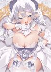  blush breasts chair cleavage demon_girl dress drill_hair earrings fang gloves grey_eyes horns jewelry large_breasts lovely_labrynth_of_the_silver_castle msp_sammy ojou-sama_pose open_mouth pointy_ears sitting smile thighhighs twin_drills white_dress white_gloves white_hair white_thighhighs yu-gi-oh! 