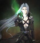  1boy armor artist_name bangs black_gloves black_jacket black_pants chest_strap cowboy_shot dated final_fantasy final_fantasy_vii gloves green_eyes grey_hair high_collar jacket krudears long_bangs long_hair long_jacket long_sleeves male_focus outstretched_hand pants parted_bangs pectorals sephiroth shoulder_armor slit_pupils solo 