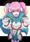  1girl :d aduti_momoyama aqua_scarf aqua_skirt bangs belt eyes_visible_through_hair fire_emblem fire_emblem:_the_blazing_blade fire_emblem_heroes flower from_above gloves hair_between_eyes hair_flower hair_ornament hands_on_hips highres jewelry long_hair long_skirt long_sleeves looking_at_viewer necklace official_alternate_costume pink_hair purple_eyes red_belt rose scarf serra_(fire_emblem) skirt smile solo standing twintails white_flower white_gloves white_rose 