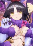  1girl absurdres animal_ears bikini black_hair bow breasts cosplay elbow_gloves fake_animal_ears fate/grand_order fate_(series) fingernails fur-trimmed_gloves fur_bikini fur_collar fur_trim gloves highres katou_danzou_(fate) large_breasts mash_kyrielight mash_kyrielight_(dangerous_beast) mash_kyrielight_(dangerous_beast)_(cosplay) moon moyashi_(pixiv44153669) o-ring o-ring_bikini pink_bow purple_gloves revealing_clothes silk solo spider_web swimsuit upper_body yellow_eyes 