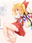  1girl ahoge arm_support barefoot blonde_hair blush closed_mouth crystal electric_fan fang fang_out flandre_scarlet frilled_sleeves frills from_side full_body highres long_hair looking_at_viewer looking_to_the_side lying marukyuu_ameya multicolored_wings no_headwear no_shoes no_socks on_side panties pantyshot pink_background pink_panties pointy_ears puffy_short_sleeves puffy_sleeves red_eyes red_skirt red_vest shirt short_sleeves simple_background skin_fang skirt soles solo sweat touhou underwear vest white_shirt wings 