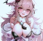  1girl animal_ear_fluff animal_ears bangs bare_shoulders bell bow breasts butterfly_hair_ornament cat_ears cat_girl chinese_knot cleavage cyobiro diamond-shaped_pupils diamond_(shape) dress flower frilled_dress frills fur_(clothing) hair_between_eyes hair_flower hair_ornament indie_virtual_youtuber jingle_bell large_breasts long_hair neck_bell obi open_mouth pink_eyes pink_hair purple_flower purple_rose rose sash smile symbol-shaped_pupils tassel upper_body very_long_hair virtual_youtuber yuni_nya 
