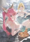  2girls ahoge animal_ear_fluff animal_ears bangs bare_shoulders bathing blonde_hair blush braid breasts brown_eyes choko_(cup) collarbone cup fate/extra fate_(series) fox_ears fox_girl fox_tail french_braid green_eyes hair_between_eyes hair_bun hair_intakes highres large_breasts long_hair looking_at_viewer looking_back modare multiple_girls nero_claudius_(fate) nero_claudius_(fate/extra) nude onsen open_mouth pink_hair rock sidelocks sitting smile steam tail tamamo_(fate) tamamo_no_mae_(fate/extra) thighs tokkuri twintails water wet 