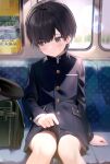  1boy bag bangs black_hair blunt_bangs buttons child clothes_lift clothes_pull cocolo_(co_co_lo) gakuran hat hat_removed headwear_removed highres lens_flare lifted_by_self looking_away male_child male_focus original school_bag school_uniform shorts shorts_pull sitting solo train_interior window 