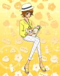  1girl brown_eyes brown_hair fedora full_body hat heartcatch_precure! highres jewelry myoudouin_itsuki necklace official_art pamphlet pants potpourri_(heartcatch_precure!) precure precure_connection_puzzlun reading sandals shirt short_hair sitting smile solo third-party_source white_pants yellow_footwear yellow_shirt 