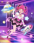 1girl ahoge bangs blunt_bangs choker dress elbow_gloves gloves highres hoshina_hikaru official_art open_mouth pink_eyes pink_hair precure precure_connection_puzzlun puffy_short_sleeves puffy_sleeves short_sleeves smile solo star_twinkle_precure third-party_source white_gloves 