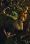  1girl akreon bird bird_wings colored_skin dryad feathered_wings green_skin gwent_(game) highres long_hair looking_to_the_side red_hair the_witcher_(series) watermark wings 