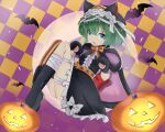 1girl alternate_costume animal_ears animal_hands bangs bat_(animal) black_dress black_footwear blue_eyes blush boots bow bowtie breasts brown_bow brown_bowtie cat_ears center_frills checkered_background commentary dress english_commentary fake_animal_ears frills full_body green_hair halloween jack-o&#039;-lantern looking_at_viewer naides open_mouth orange_background orange_bow orange_bowtie paw_pose pumpkin purple_background red_bow shiki_eiki short_hair small_breasts solo striped striped_bow striped_bowtie touhou touhou_arcadia_record 